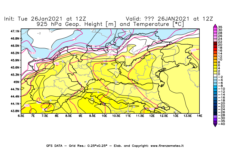 Mappa di analisi GFS - Geopotenziale [m] e Temperatura [°C] a 925 hPa in Nord-Italia
							del 26/01/2021 12 <!--googleoff: index-->UTC<!--googleon: index-->