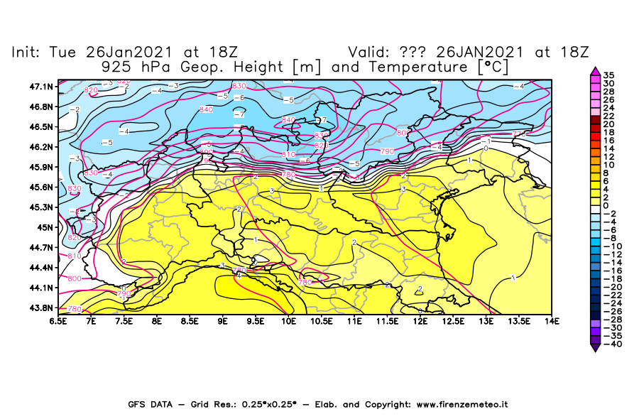 Mappa di analisi GFS - Geopotenziale [m] e Temperatura [°C] a 925 hPa in Nord-Italia
							del 26/01/2021 18 <!--googleoff: index-->UTC<!--googleon: index-->