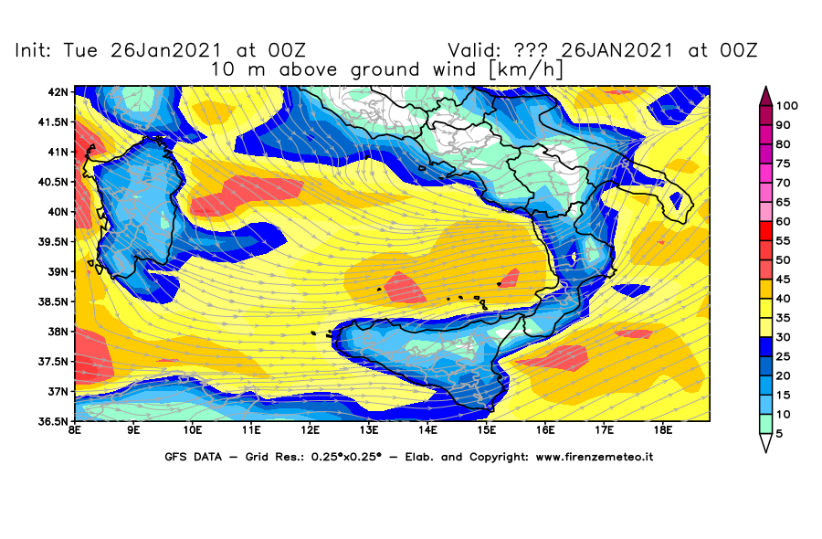 Mappa di analisi GFS - Velocità del vento a 10 metri dal suolo [km/h] in Sud-Italia
							del 26/01/2021 00 <!--googleoff: index-->UTC<!--googleon: index-->
