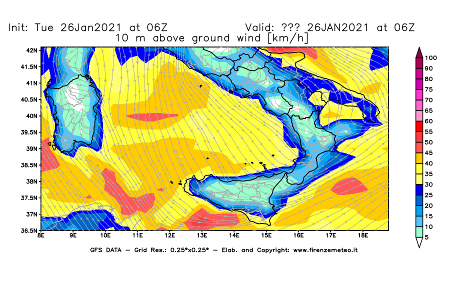 Mappa di analisi GFS - Velocità del vento a 10 metri dal suolo [km/h] in Sud-Italia
							del 26/01/2021 06 <!--googleoff: index-->UTC<!--googleon: index-->