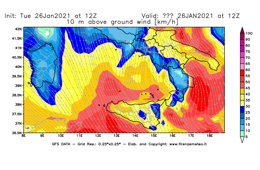 Mappa di analisi GFS - Velocità del vento a 10 metri dal suolo [km/h] in Sud-Italia
							del 26/01/2021 12 <!--googleoff: index-->UTC<!--googleon: index-->