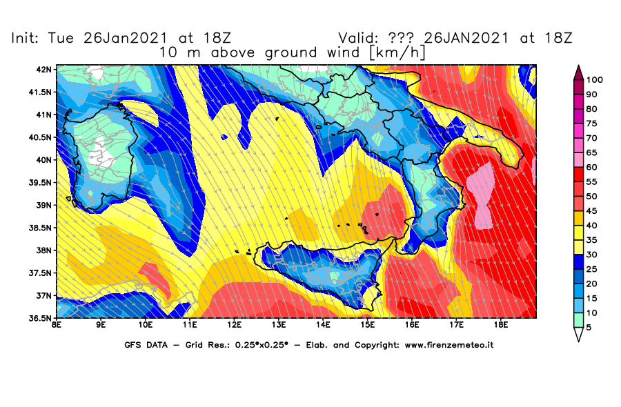 Mappa di analisi GFS - Velocità del vento a 10 metri dal suolo [km/h] in Sud-Italia
							del 26/01/2021 18 <!--googleoff: index-->UTC<!--googleon: index-->