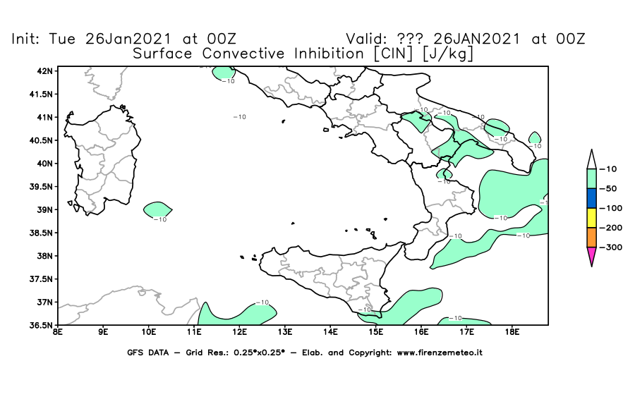 Mappa di analisi GFS - CIN [J/kg] in Sud-Italia
							del 26/01/2021 00 <!--googleoff: index-->UTC<!--googleon: index-->