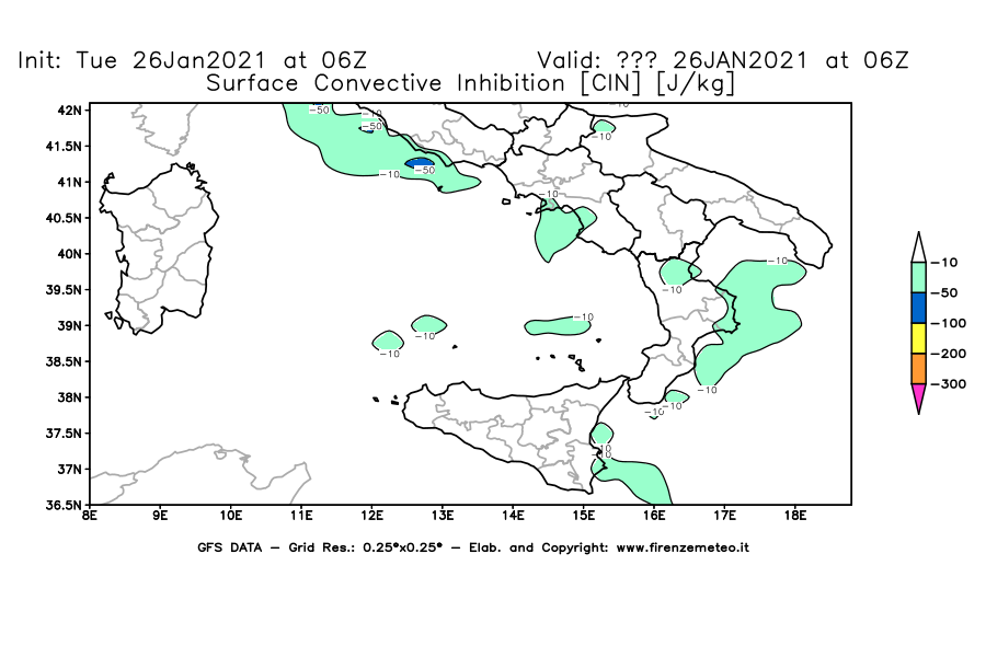 Mappa di analisi GFS - CIN [J/kg] in Sud-Italia
							del 26/01/2021 06 <!--googleoff: index-->UTC<!--googleon: index-->