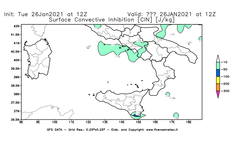 Mappa di analisi GFS - CIN [J/kg] in Sud-Italia
							del 26/01/2021 12 <!--googleoff: index-->UTC<!--googleon: index-->
