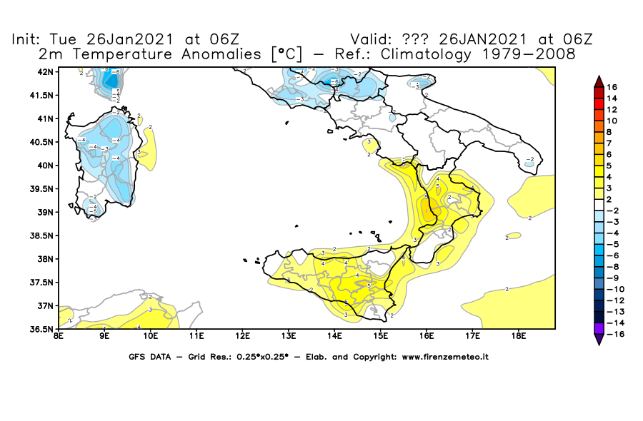 Mappa di analisi GFS - Anomalia Temperatura [°C] a 2 m in Sud-Italia
							del 26/01/2021 06 <!--googleoff: index-->UTC<!--googleon: index-->