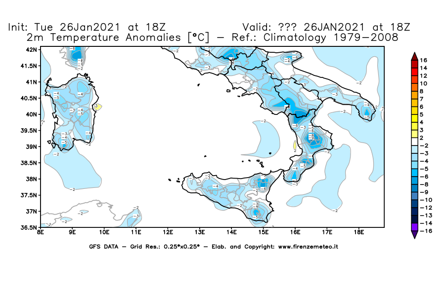 Mappa di analisi GFS - Anomalia Temperatura [°C] a 2 m in Sud-Italia
							del 26/01/2021 18 <!--googleoff: index-->UTC<!--googleon: index-->
