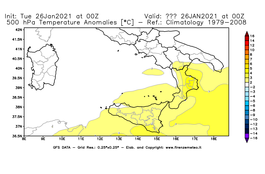 Mappa di analisi GFS - Anomalia Temperatura [°C] a 500 hPa in Sud-Italia
							del 26/01/2021 00 <!--googleoff: index-->UTC<!--googleon: index-->