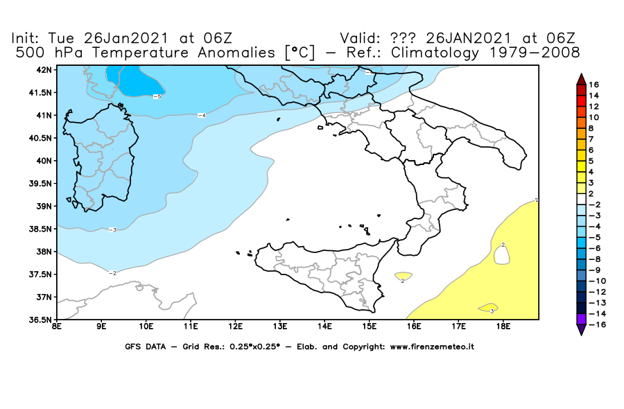 Mappa di analisi GFS - Anomalia Temperatura [°C] a 500 hPa in Sud-Italia
							del 26/01/2021 06 <!--googleoff: index-->UTC<!--googleon: index-->