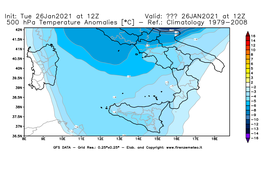 Mappa di analisi GFS - Anomalia Temperatura [°C] a 500 hPa in Sud-Italia
							del 26/01/2021 12 <!--googleoff: index-->UTC<!--googleon: index-->