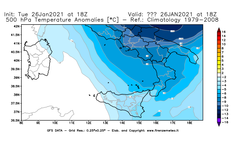 Mappa di analisi GFS - Anomalia Temperatura [°C] a 500 hPa in Sud-Italia
							del 26/01/2021 18 <!--googleoff: index-->UTC<!--googleon: index-->