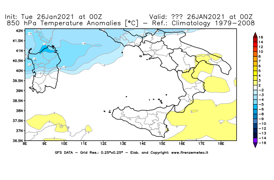Mappa di analisi GFS - Anomalia Temperatura [°C] a 850 hPa in Sud-Italia
							del 26/01/2021 00 <!--googleoff: index-->UTC<!--googleon: index-->