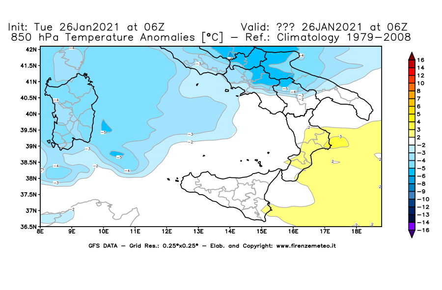 Mappa di analisi GFS - Anomalia Temperatura [°C] a 850 hPa in Sud-Italia
							del 26/01/2021 06 <!--googleoff: index-->UTC<!--googleon: index-->