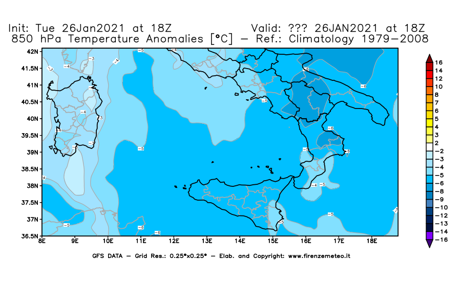 Mappa di analisi GFS - Anomalia Temperatura [°C] a 850 hPa in Sud-Italia
							del 26/01/2021 18 <!--googleoff: index-->UTC<!--googleon: index-->