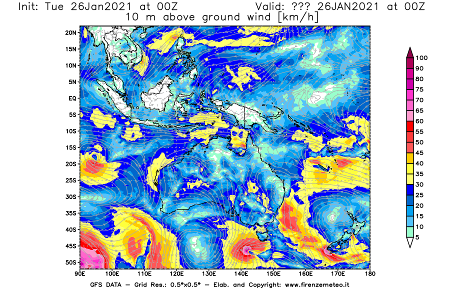 Mappa di analisi GFS - Velocità del vento a 10 metri dal suolo [km/h] in Oceania
							del 26/01/2021 00 <!--googleoff: index-->UTC<!--googleon: index-->