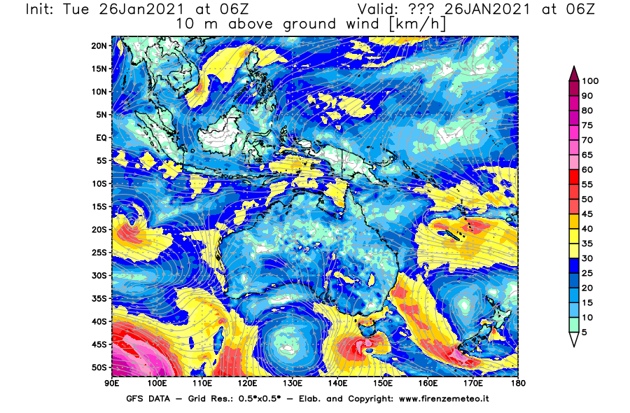 Mappa di analisi GFS - Velocità del vento a 10 metri dal suolo [km/h] in Oceania
							del 26/01/2021 06 <!--googleoff: index-->UTC<!--googleon: index-->