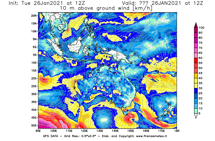 Mappa di analisi GFS - Velocità del vento a 10 metri dal suolo [km/h] in Oceania
							del 26/01/2021 12 <!--googleoff: index-->UTC<!--googleon: index-->