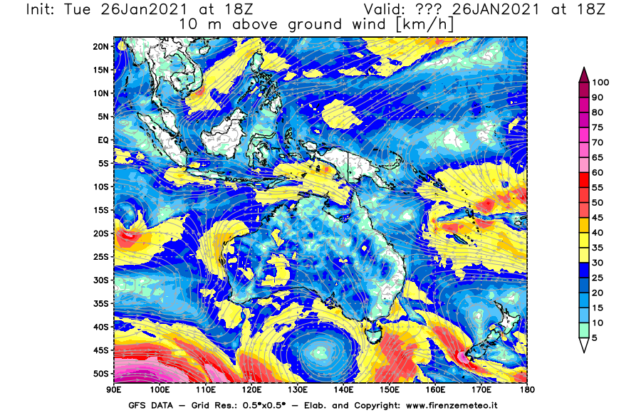 Mappa di analisi GFS - Velocità del vento a 10 metri dal suolo [km/h] in Oceania
							del 26/01/2021 18 <!--googleoff: index-->UTC<!--googleon: index-->