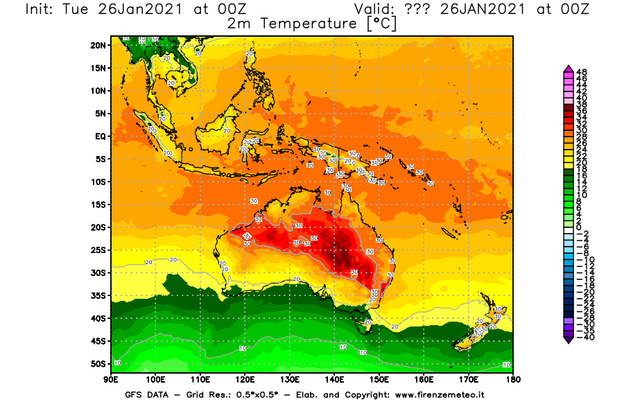 Mappa di analisi GFS - Temperatura a 2 metri dal suolo [°C] in Oceania
							del 26/01/2021 00 <!--googleoff: index-->UTC<!--googleon: index-->