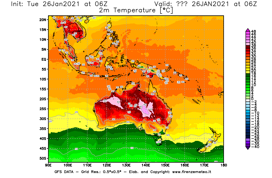 Mappa di analisi GFS - Temperatura a 2 metri dal suolo [°C] in Oceania
							del 26/01/2021 06 <!--googleoff: index-->UTC<!--googleon: index-->