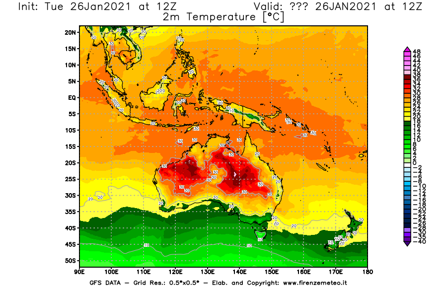 Mappa di analisi GFS - Temperatura a 2 metri dal suolo [°C] in Oceania
							del 26/01/2021 12 <!--googleoff: index-->UTC<!--googleon: index-->