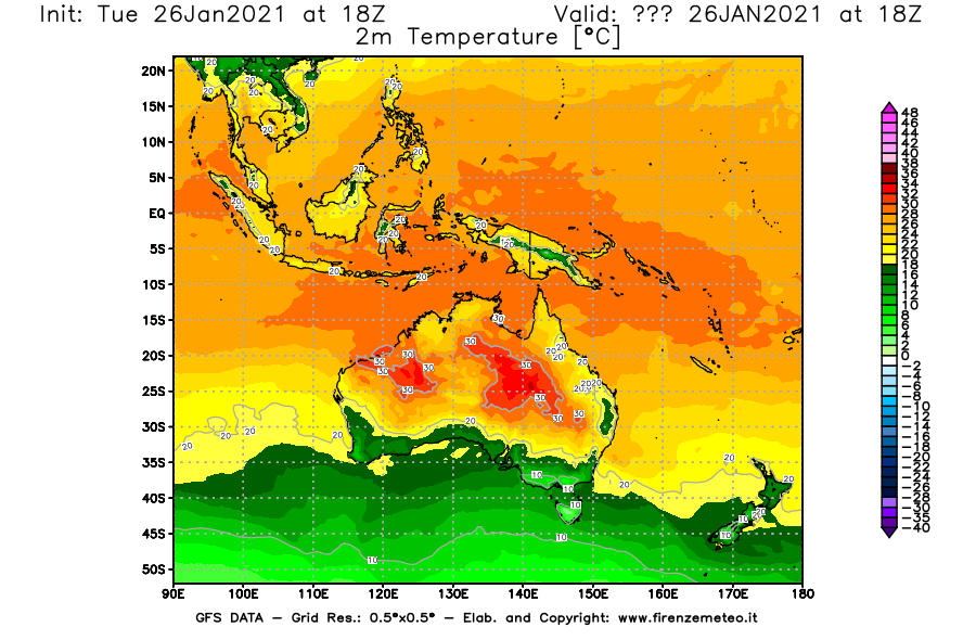 Mappa di analisi GFS - Temperatura a 2 metri dal suolo [°C] in Oceania
							del 26/01/2021 18 <!--googleoff: index-->UTC<!--googleon: index-->