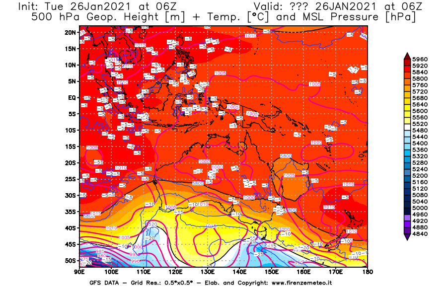 Mappa di analisi GFS - Geopotenziale [m] + Temp. [°C] a 500 hPa + Press. a livello del mare [hPa] in Oceania
							del 26/01/2021 06 <!--googleoff: index-->UTC<!--googleon: index-->