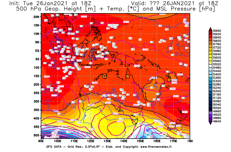 Mappa di analisi GFS - Geopotenziale [m] + Temp. [°C] a 500 hPa + Press. a livello del mare [hPa] in Oceania
							del 26/01/2021 18 <!--googleoff: index-->UTC<!--googleon: index-->