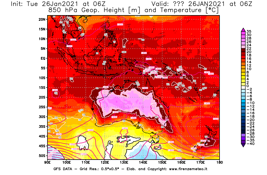 Mappa di analisi GFS - Geopotenziale [m] e Temperatura [°C] a 850 hPa in Oceania
							del 26/01/2021 06 <!--googleoff: index-->UTC<!--googleon: index-->