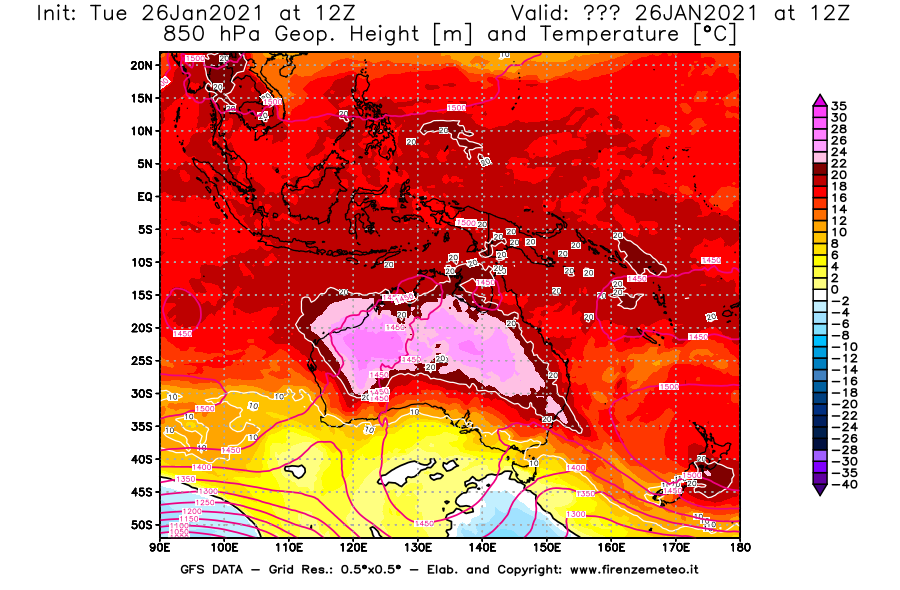 Mappa di analisi GFS - Geopotenziale [m] e Temperatura [°C] a 850 hPa in Oceania
							del 26/01/2021 12 <!--googleoff: index-->UTC<!--googleon: index-->