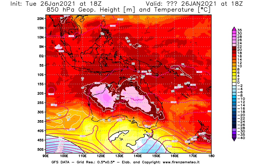 Mappa di analisi GFS - Geopotenziale [m] e Temperatura [°C] a 850 hPa in Oceania
							del 26/01/2021 18 <!--googleoff: index-->UTC<!--googleon: index-->