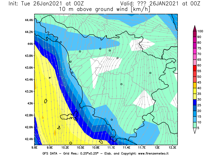 Mappa di analisi GFS - Velocità del vento a 10 metri dal suolo [km/h] in Toscana
							del 26/01/2021 00 <!--googleoff: index-->UTC<!--googleon: index-->
