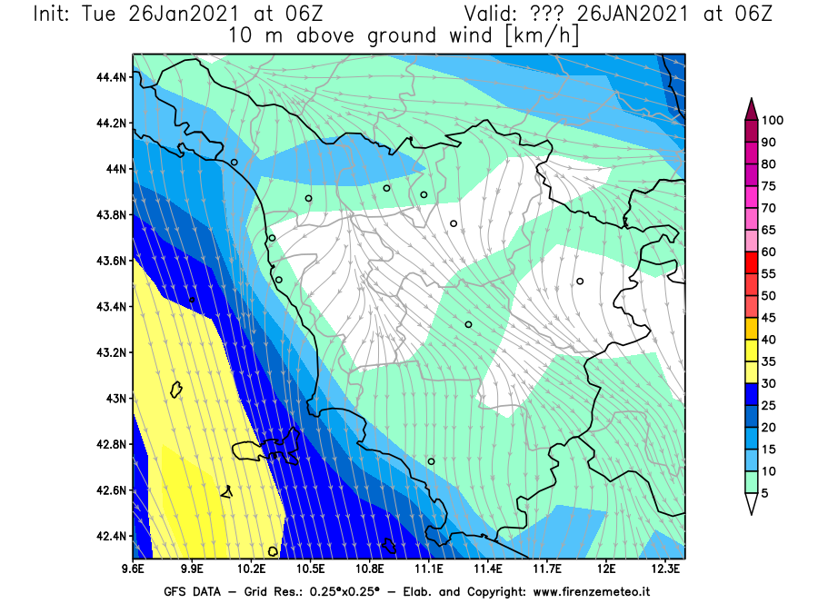 Mappa di analisi GFS - Velocità del vento a 10 metri dal suolo [km/h] in Toscana
							del 26/01/2021 06 <!--googleoff: index-->UTC<!--googleon: index-->
