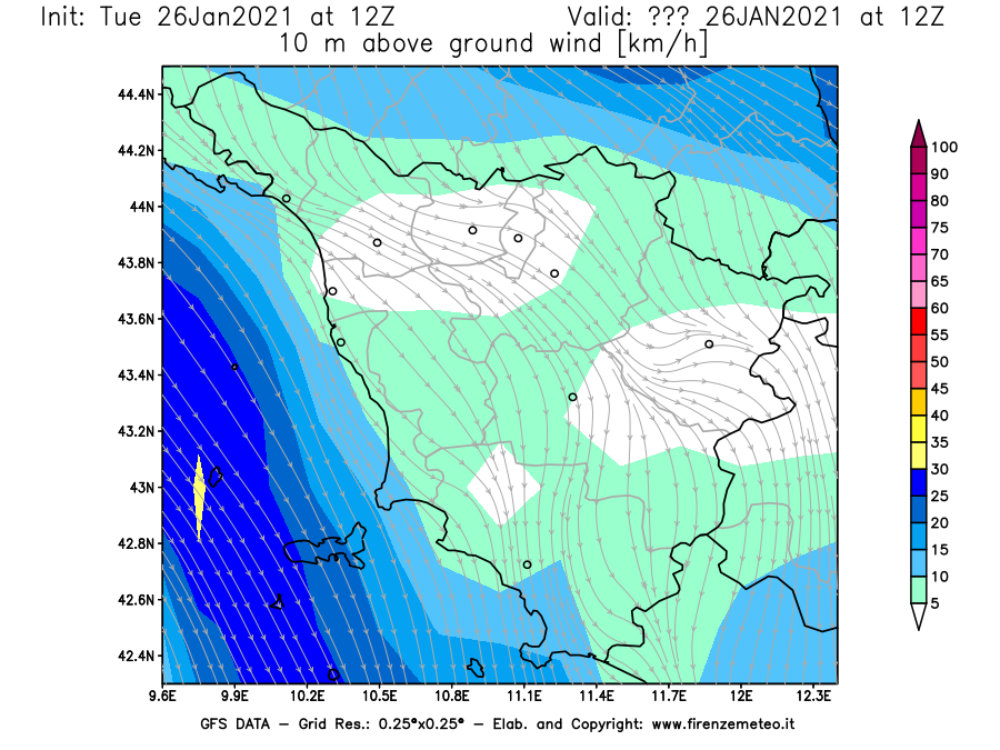 Mappa di analisi GFS - Velocità del vento a 10 metri dal suolo [km/h] in Toscana
							del 26/01/2021 12 <!--googleoff: index-->UTC<!--googleon: index-->