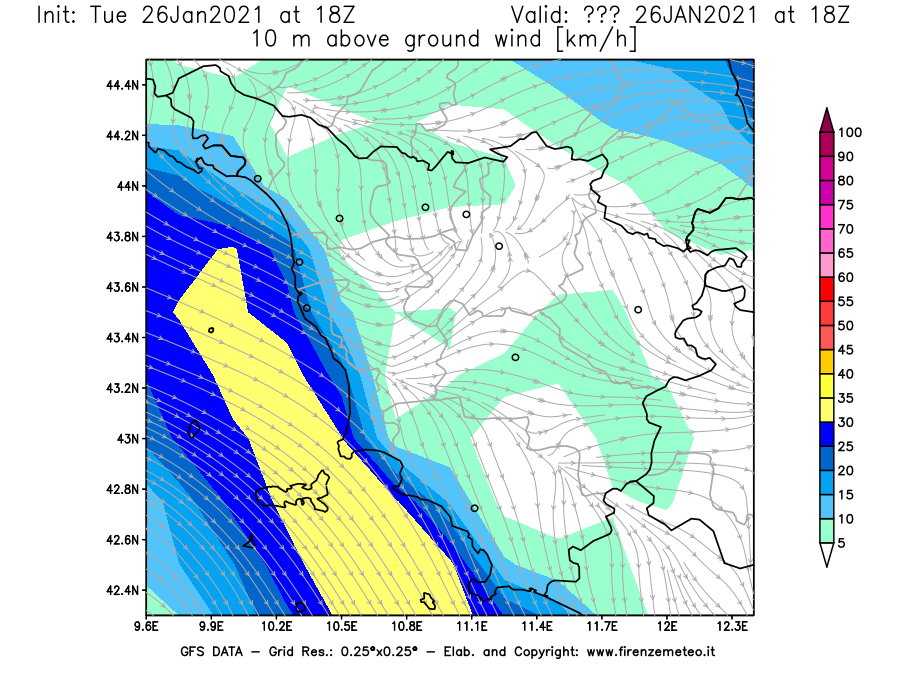 Mappa di analisi GFS - Velocità del vento a 10 metri dal suolo [km/h] in Toscana
							del 26/01/2021 18 <!--googleoff: index-->UTC<!--googleon: index-->