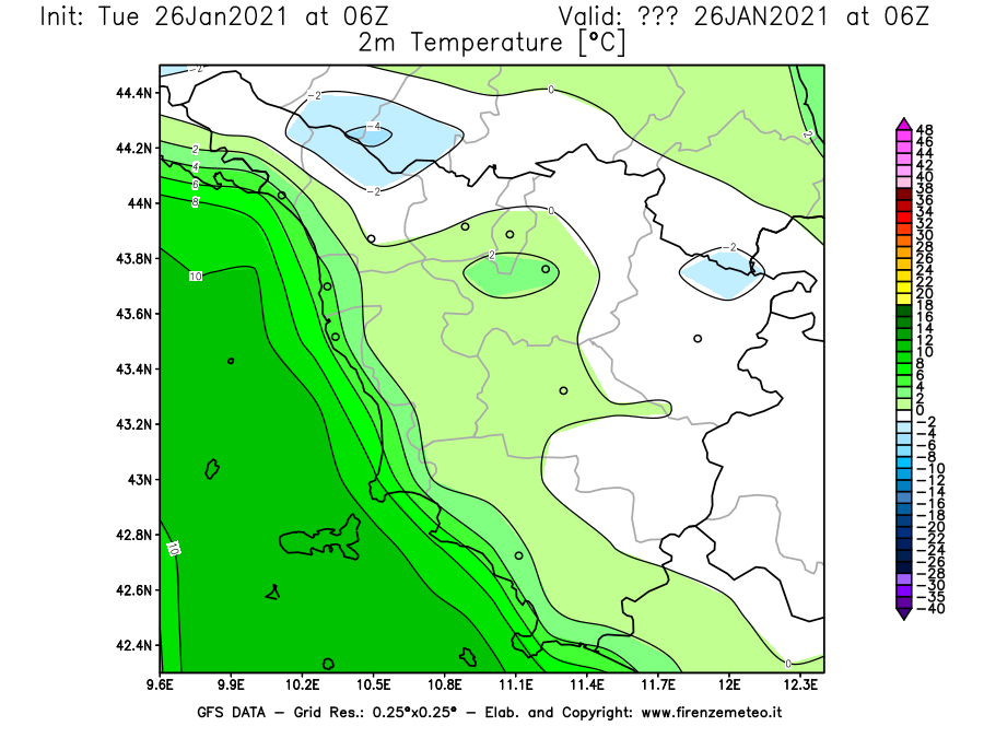 Mappa di analisi GFS - Temperatura a 2 metri dal suolo [°C] in Toscana
							del 26/01/2021 06 <!--googleoff: index-->UTC<!--googleon: index-->