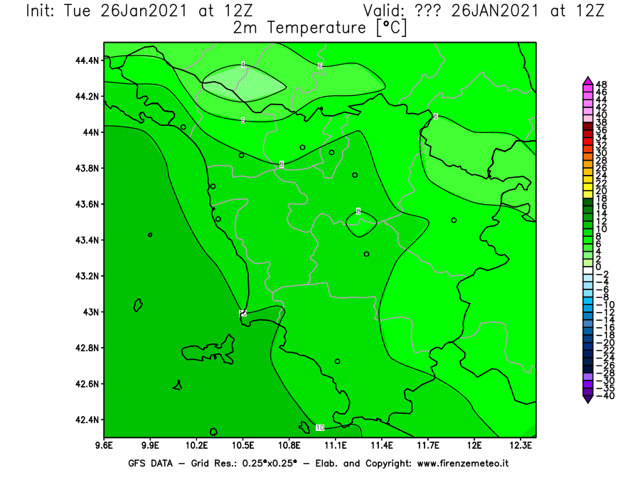 Mappa di analisi GFS - Temperatura a 2 metri dal suolo [°C] in Toscana
							del 26/01/2021 12 <!--googleoff: index-->UTC<!--googleon: index-->