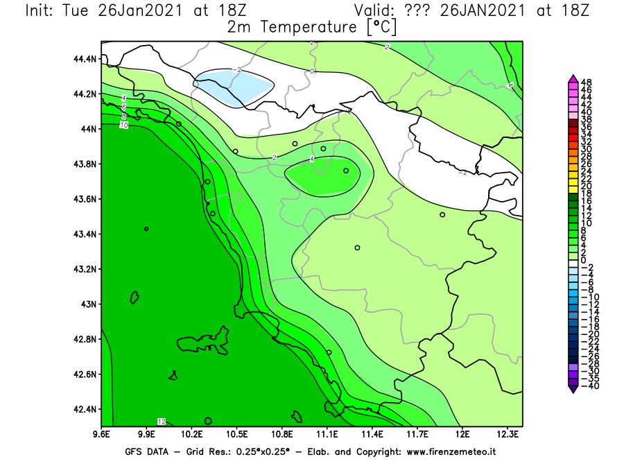 Mappa di analisi GFS - Temperatura a 2 metri dal suolo [°C] in Toscana
							del 26/01/2021 18 <!--googleoff: index-->UTC<!--googleon: index-->