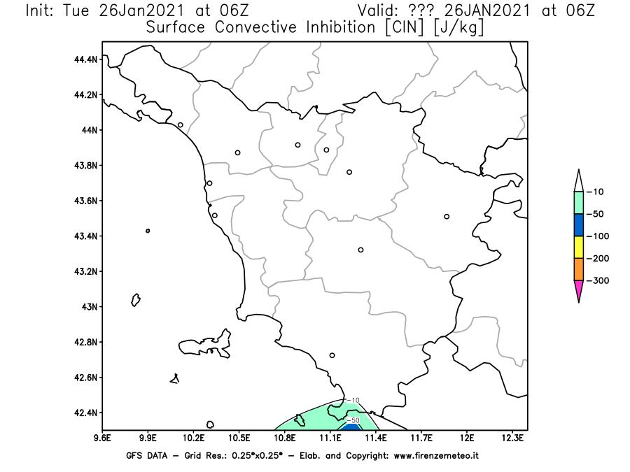 Mappa di analisi GFS - CIN [J/kg] in Toscana
							del 26/01/2021 06 <!--googleoff: index-->UTC<!--googleon: index-->