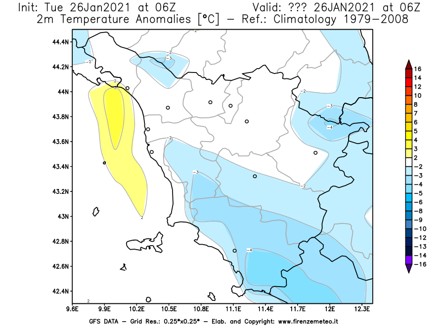 Mappa di analisi GFS - Anomalia Temperatura [°C] a 2 m in Toscana
							del 26/01/2021 06 <!--googleoff: index-->UTC<!--googleon: index-->
