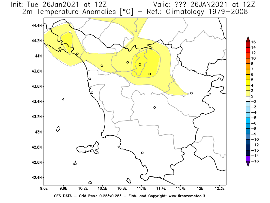 Mappa di analisi GFS - Anomalia Temperatura [°C] a 2 m in Toscana
							del 26/01/2021 12 <!--googleoff: index-->UTC<!--googleon: index-->