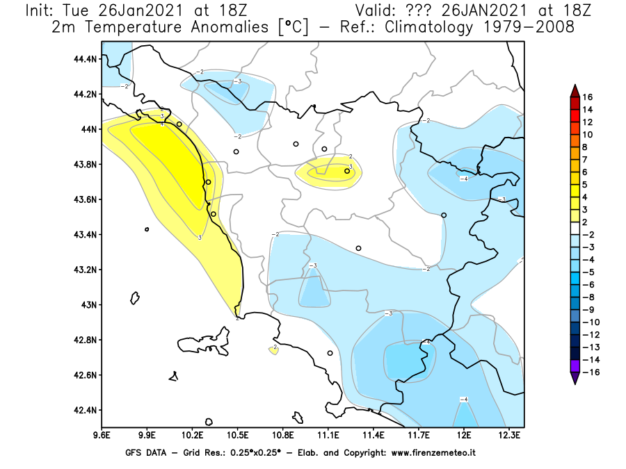 Mappa di analisi GFS - Anomalia Temperatura [°C] a 2 m in Toscana
							del 26/01/2021 18 <!--googleoff: index-->UTC<!--googleon: index-->