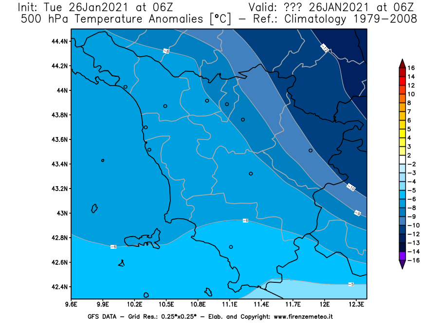Mappa di analisi GFS - Anomalia Temperatura [°C] a 500 hPa in Toscana
							del 26/01/2021 06 <!--googleoff: index-->UTC<!--googleon: index-->