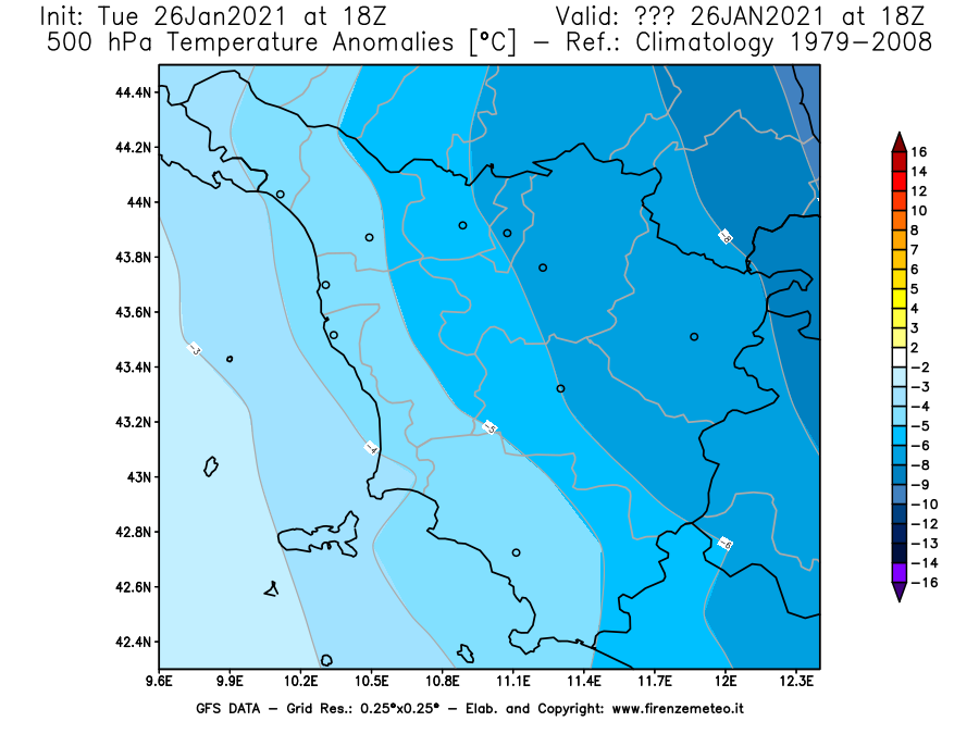 Mappa di analisi GFS - Anomalia Temperatura [°C] a 500 hPa in Toscana
							del 26/01/2021 18 <!--googleoff: index-->UTC<!--googleon: index-->