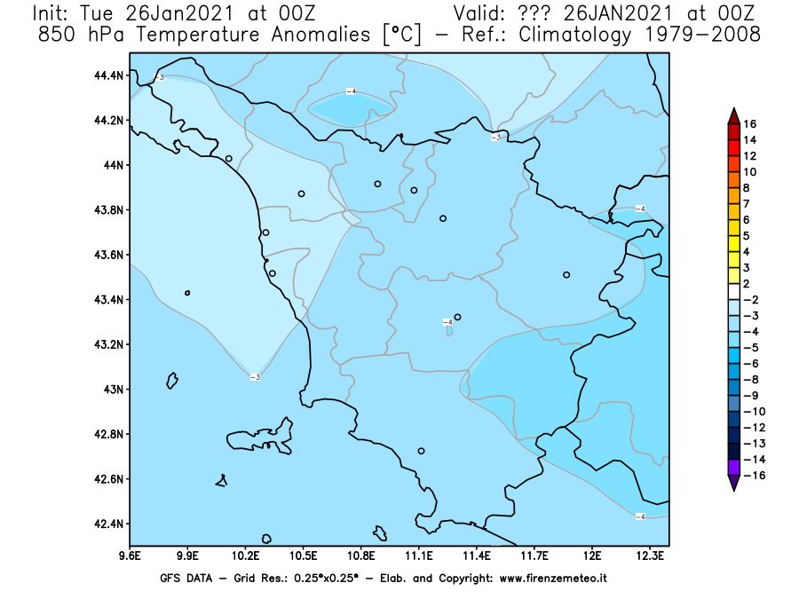 Mappa di analisi GFS - Anomalia Temperatura [°C] a 850 hPa in Toscana
							del 26/01/2021 00 <!--googleoff: index-->UTC<!--googleon: index-->