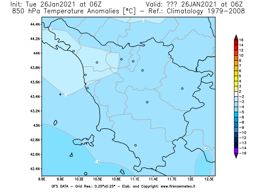 Mappa di analisi GFS - Anomalia Temperatura [°C] a 850 hPa in Toscana
							del 26/01/2021 06 <!--googleoff: index-->UTC<!--googleon: index-->