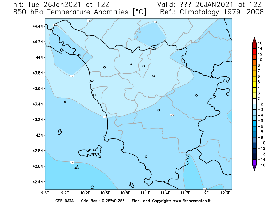 Mappa di analisi GFS - Anomalia Temperatura [°C] a 850 hPa in Toscana
							del 26/01/2021 12 <!--googleoff: index-->UTC<!--googleon: index-->