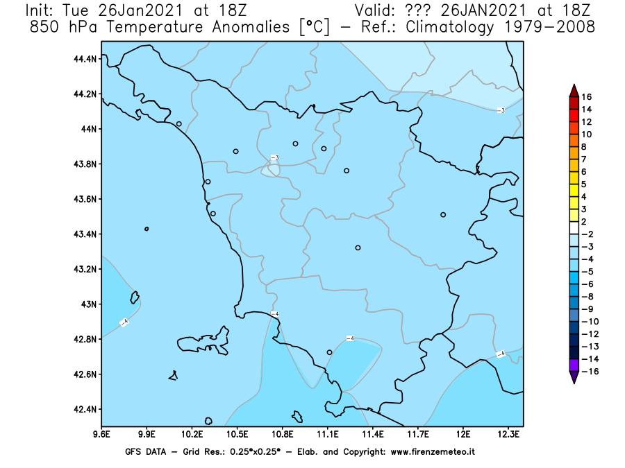Mappa di analisi GFS - Anomalia Temperatura [°C] a 850 hPa in Toscana
							del 26/01/2021 18 <!--googleoff: index-->UTC<!--googleon: index-->