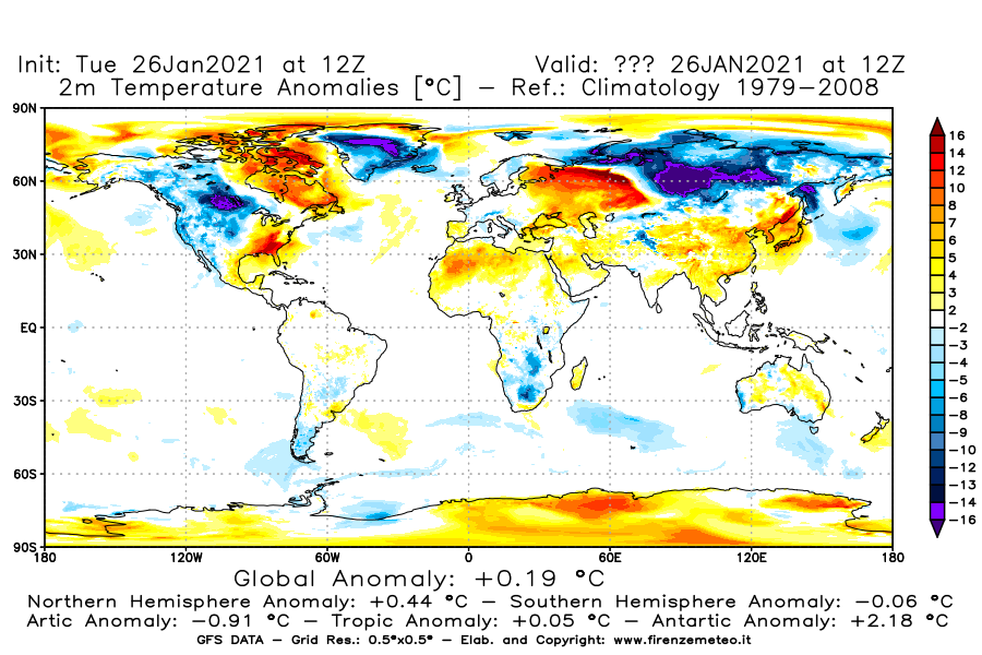 Mappa di analisi GFS - Anomalia Temperatura [°C] a 2 m in World
							del 26/01/2021 12 <!--googleoff: index-->UTC<!--googleon: index-->