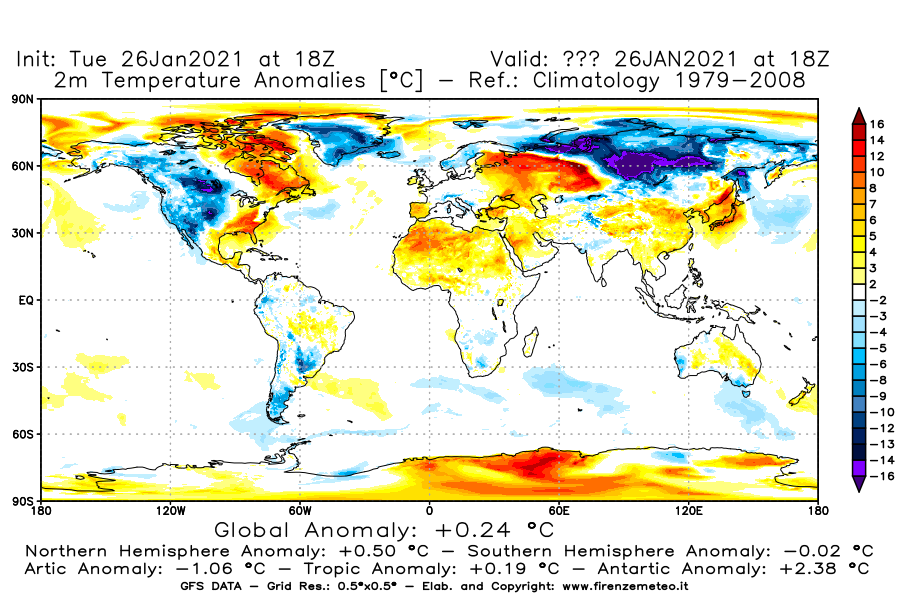 Mappa di analisi GFS - Anomalia Temperatura [°C] a 2 m in World
							del 26/01/2021 18 <!--googleoff: index-->UTC<!--googleon: index-->
